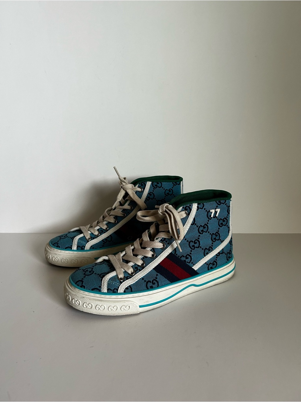 Gucci Blue Monogram High-Top Sneakers with Red and Green Stripe